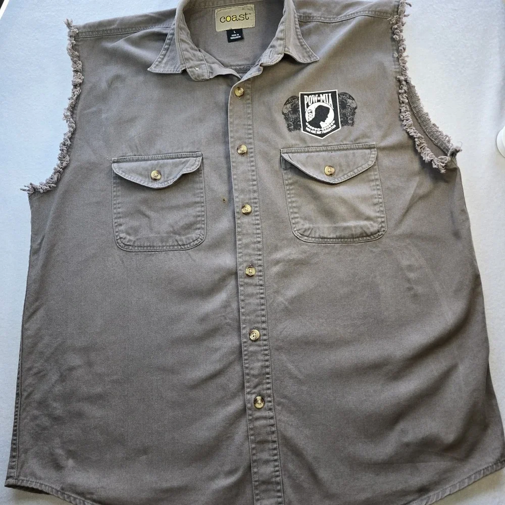 Coast Men's L Sleeveless Biker Shirt POW-MIA You Are‎ Not Forgotten Gray Frayed